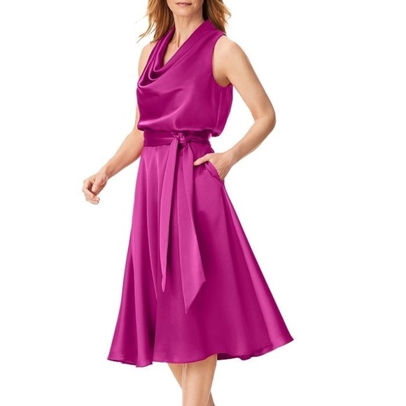 NWT Aidan Mattox Magenta Purple Satin Cowl Neck Cocktail Midi Dress - Picture 2 of 13